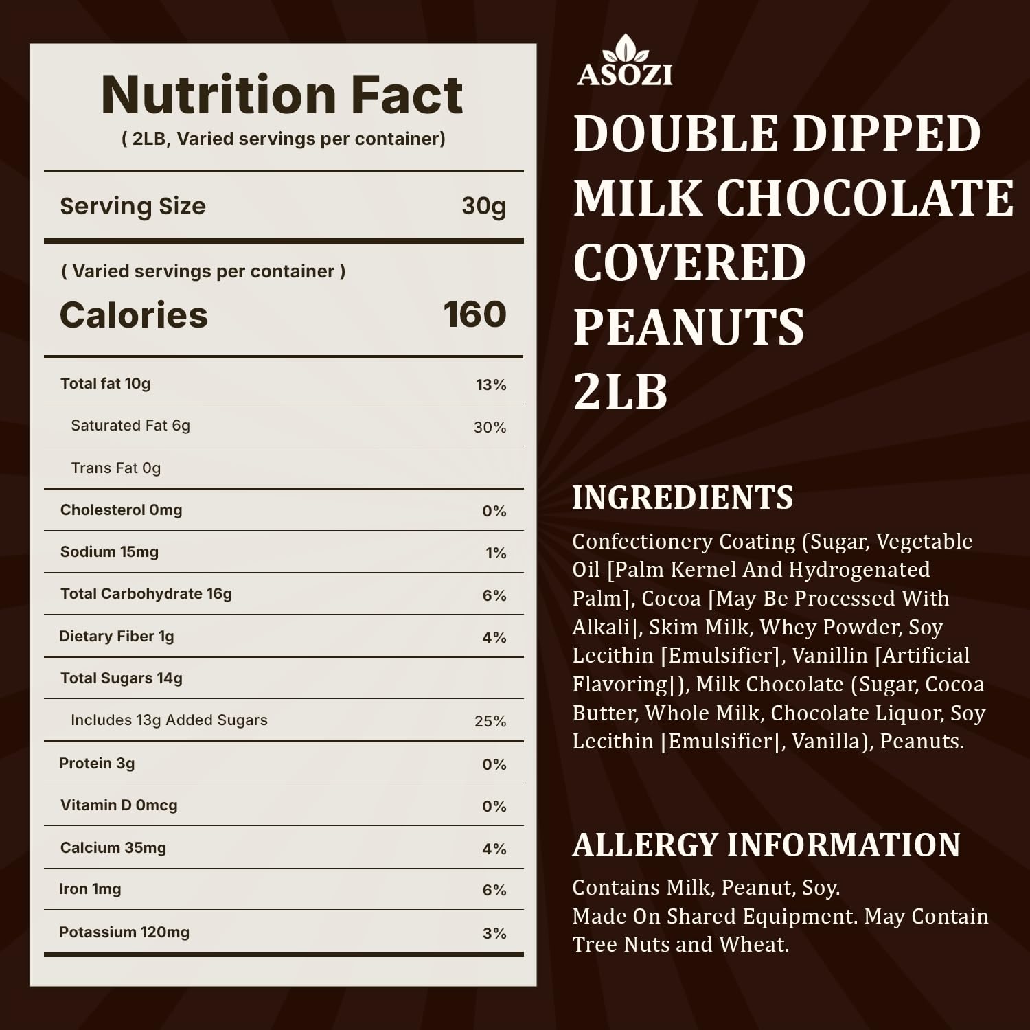 Double Dipped Milk Chocolate Covered Peanuts 2LB Resealable Bag – Extra Thick Chocolate Coating, Crunchy Premium Peanuts, Bulk Candy Snack for Parties, Baking & Gifting ASOZI