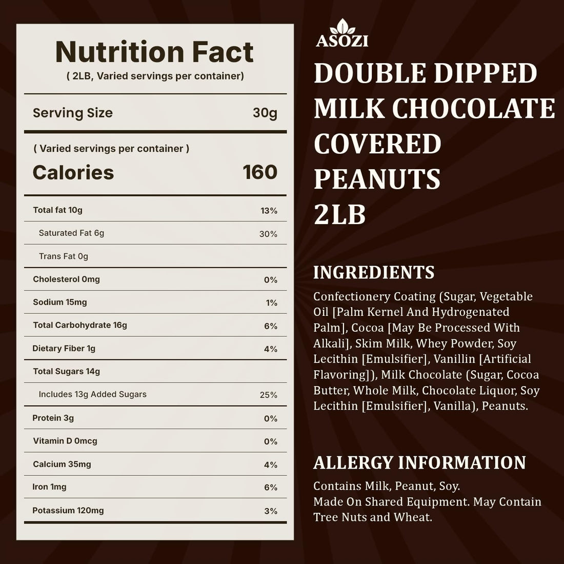 Double Dipped Milk Chocolate Covered Peanuts 2LB Resealable Bag – Extra Thick Chocolate Coating, Crunchy Premium Peanuts, Bulk Candy Snack for Parties, Baking & Gifting ASOZI