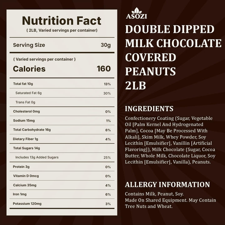 Double Dipped Milk Chocolate Covered Peanuts 2LB Resealable Bag – Extra Thick Chocolate Coating, Crunchy Premium Peanuts, Bulk Candy Snack for Parties, Baking & Gifting ASOZI