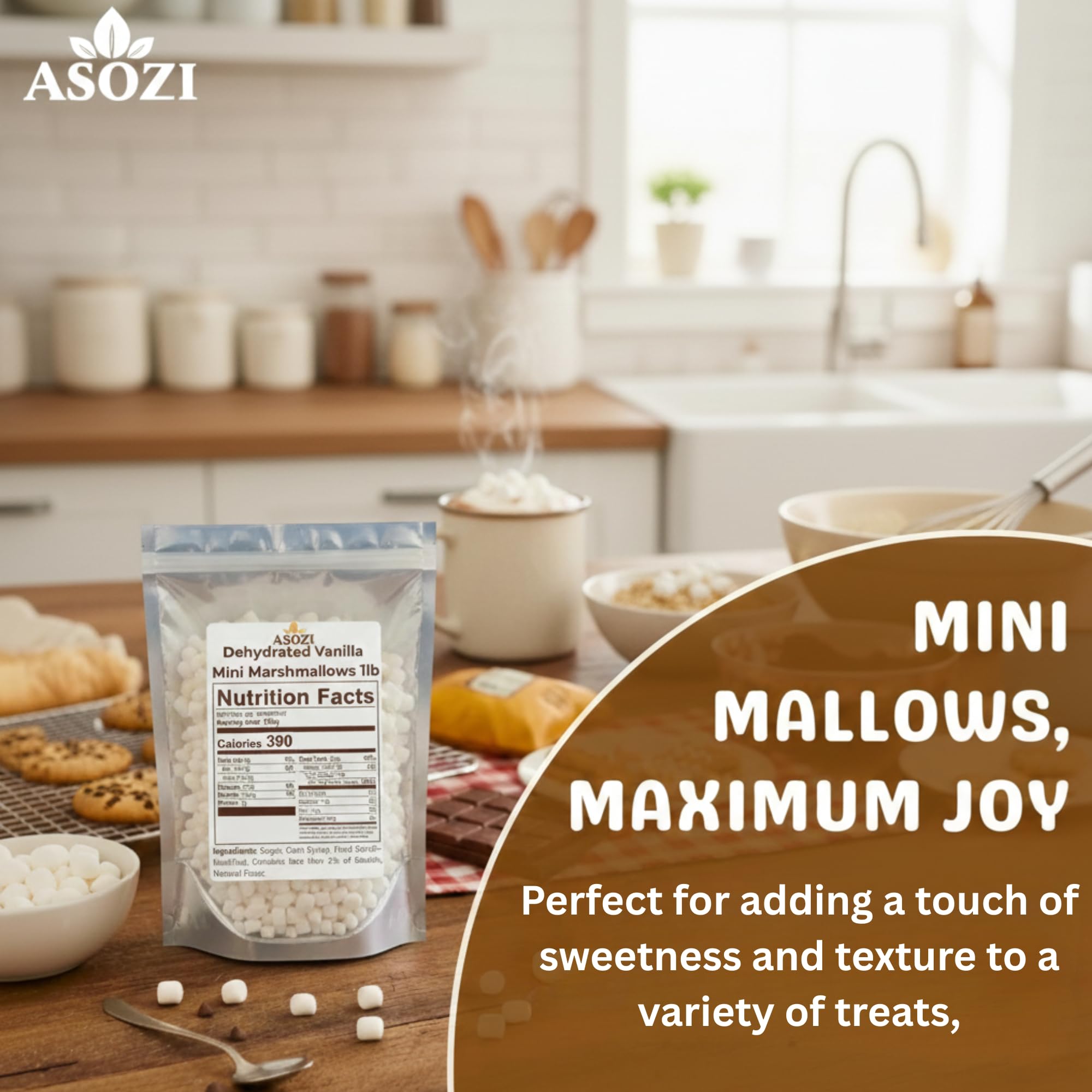 Mini Marshmallows for Hot Chocolate - Vanilla Flavored Dehydrated Marshmallow Bits 1Pound in Reusable Bag - Dried Mini Mallows - Perfect Topping for Cereal and Baked Treats by ASOZI