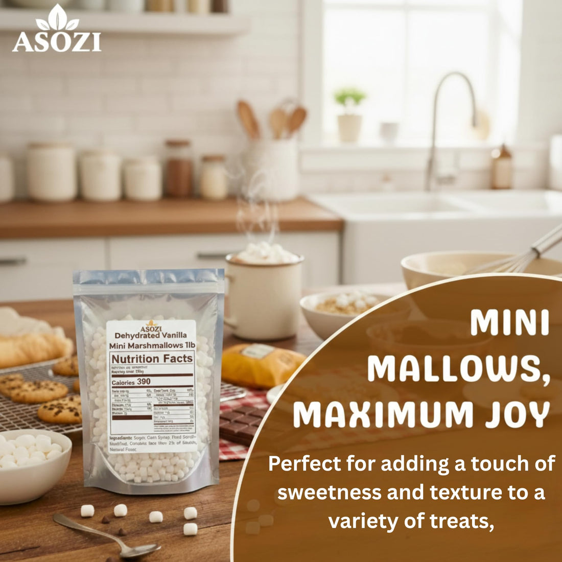 Mini Marshmallows for Hot Chocolate - Vanilla Flavored Dehydrated Marshmallow Bits 1Pound in Reusable Bag - Dried Mini Mallows - Perfect Topping for Cereal and Baked Treats by ASOZI