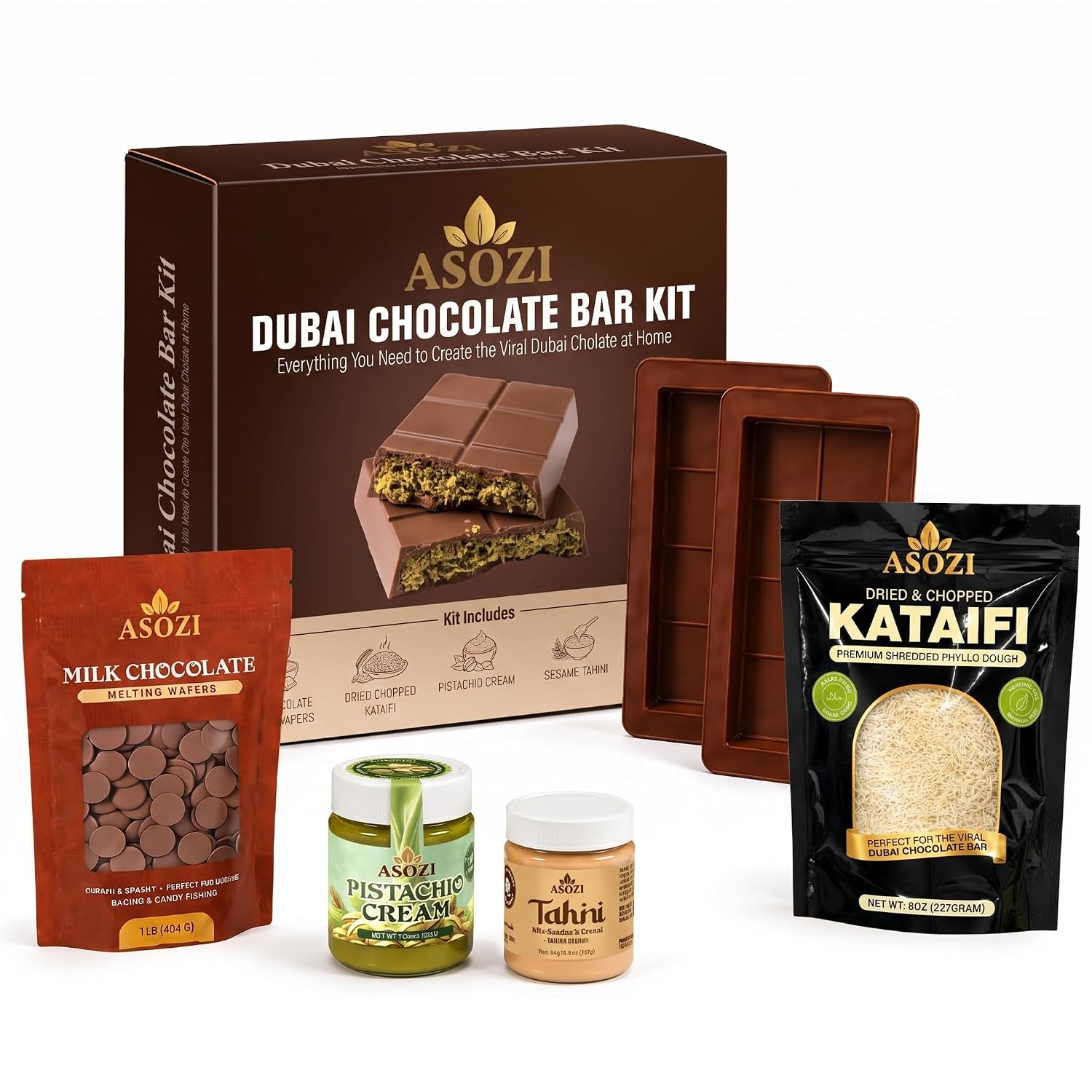 Dubai Chocolate Bar Making Kit With Pistachio Cream, Tahini, Kataifi, Milk Chocolate & 2 Modls