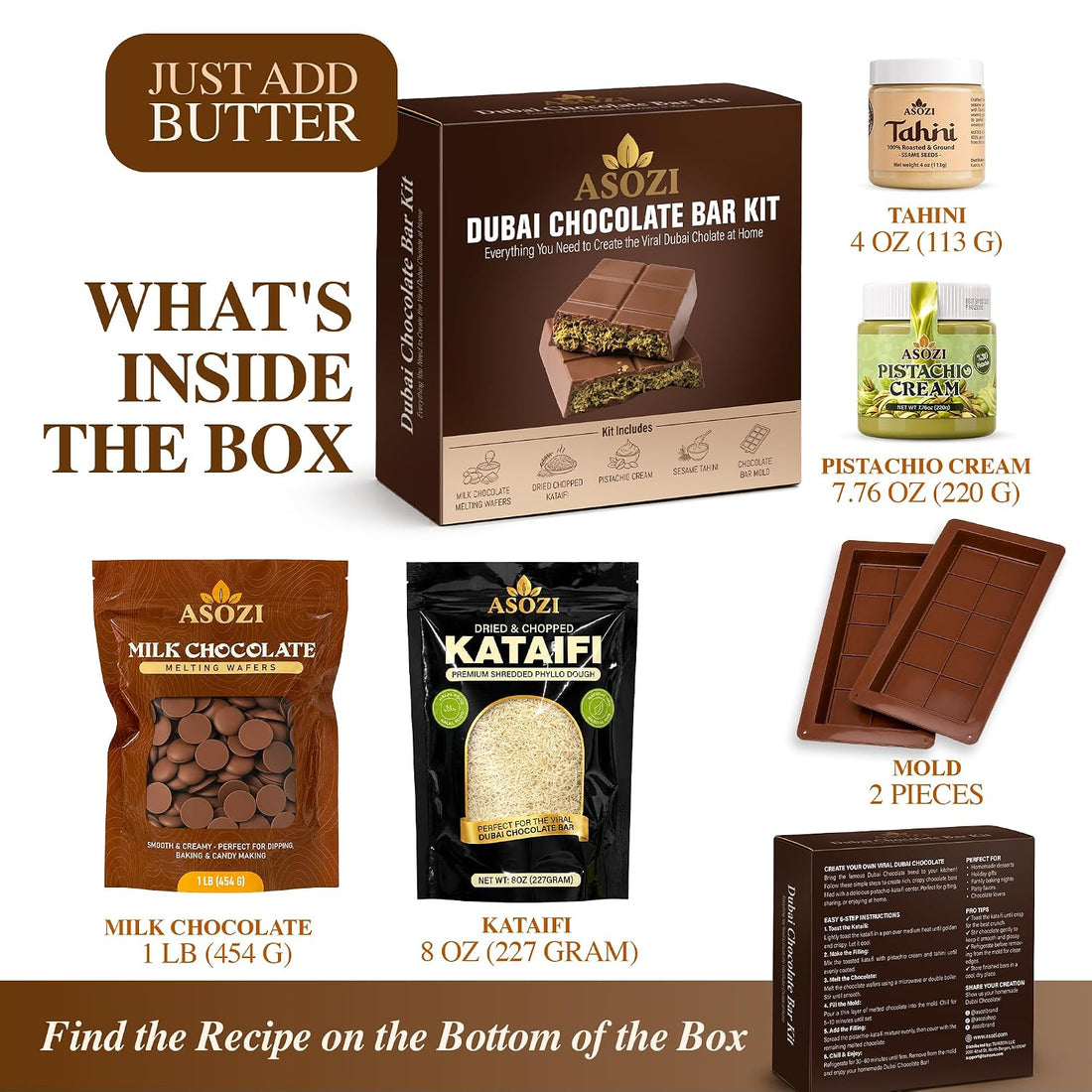 Dubai Chocolate Bar Making Kit With Pistachio Cream, Tahini, Kataifi, Milk Chocolate & 2 Modls
