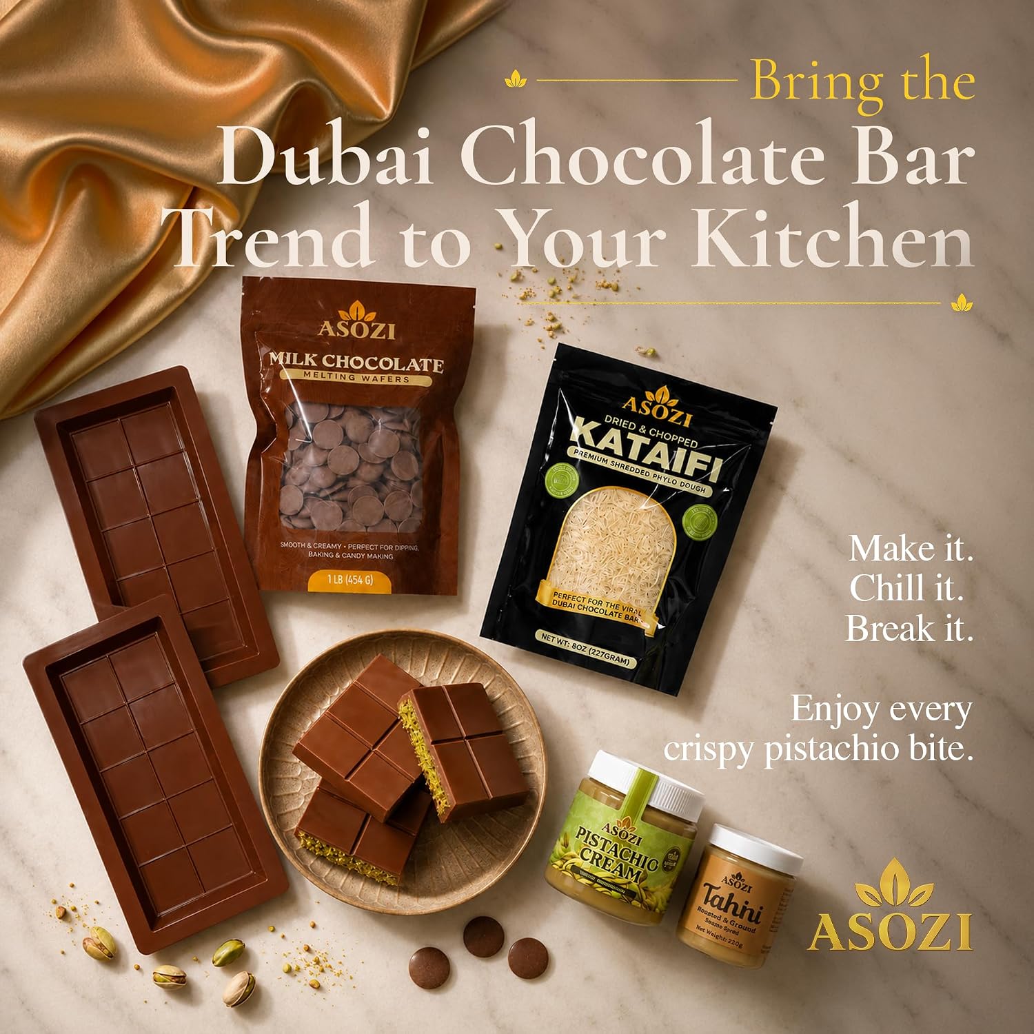 Dubai Chocolate Bar Making Kit With Pistachio Cream, Tahini, Kataifi, Milk Chocolate & 2 Modls