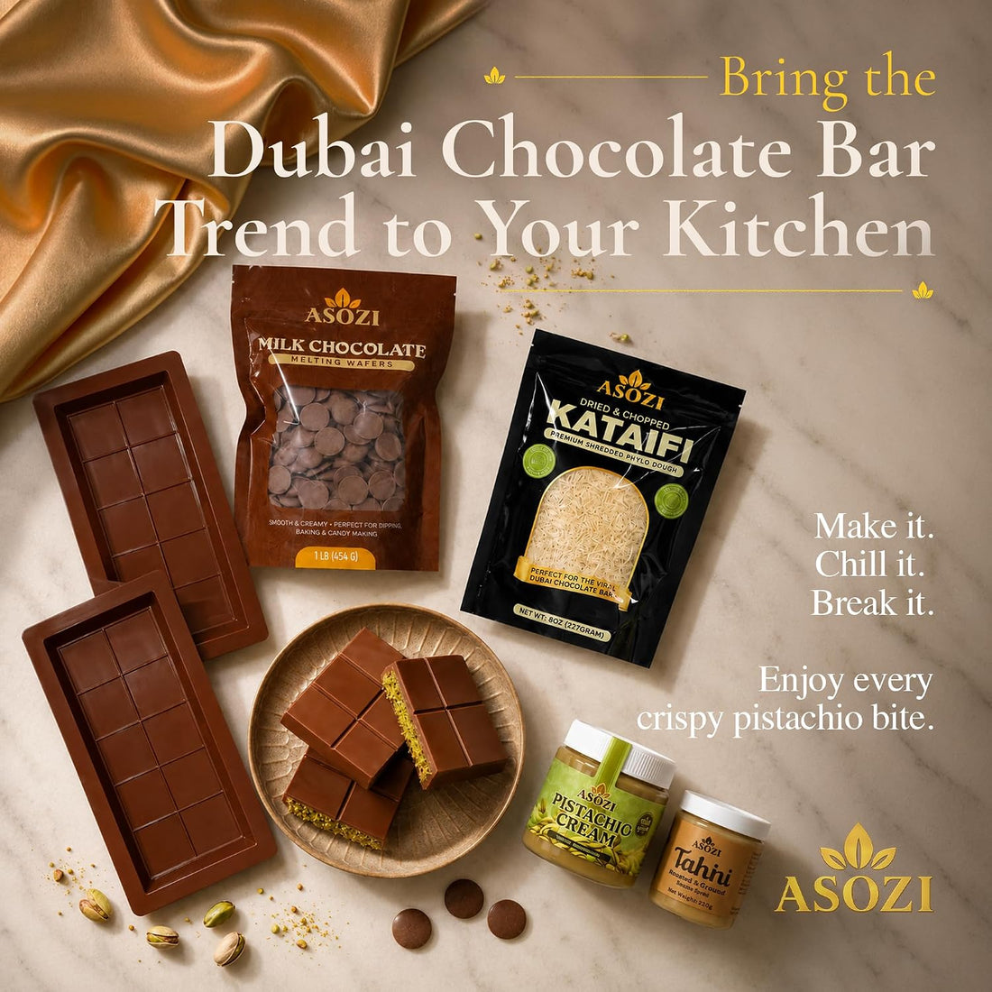 Dubai Chocolate Bar Making Kit With Pistachio Cream, Tahini, Kataifi, Milk Chocolate & 2 Modls