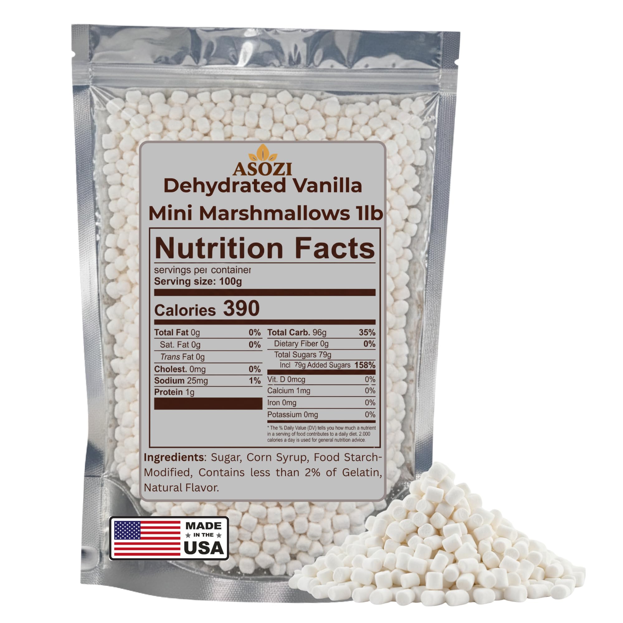 Mini Marshmallows for Hot Chocolate - Vanilla Flavored Dehydrated Marshmallow Bits 1Pound in Reusable Bag - Dried Mini Mallows - Perfect Topping for Cereal and Baked Treats by ASOZI
