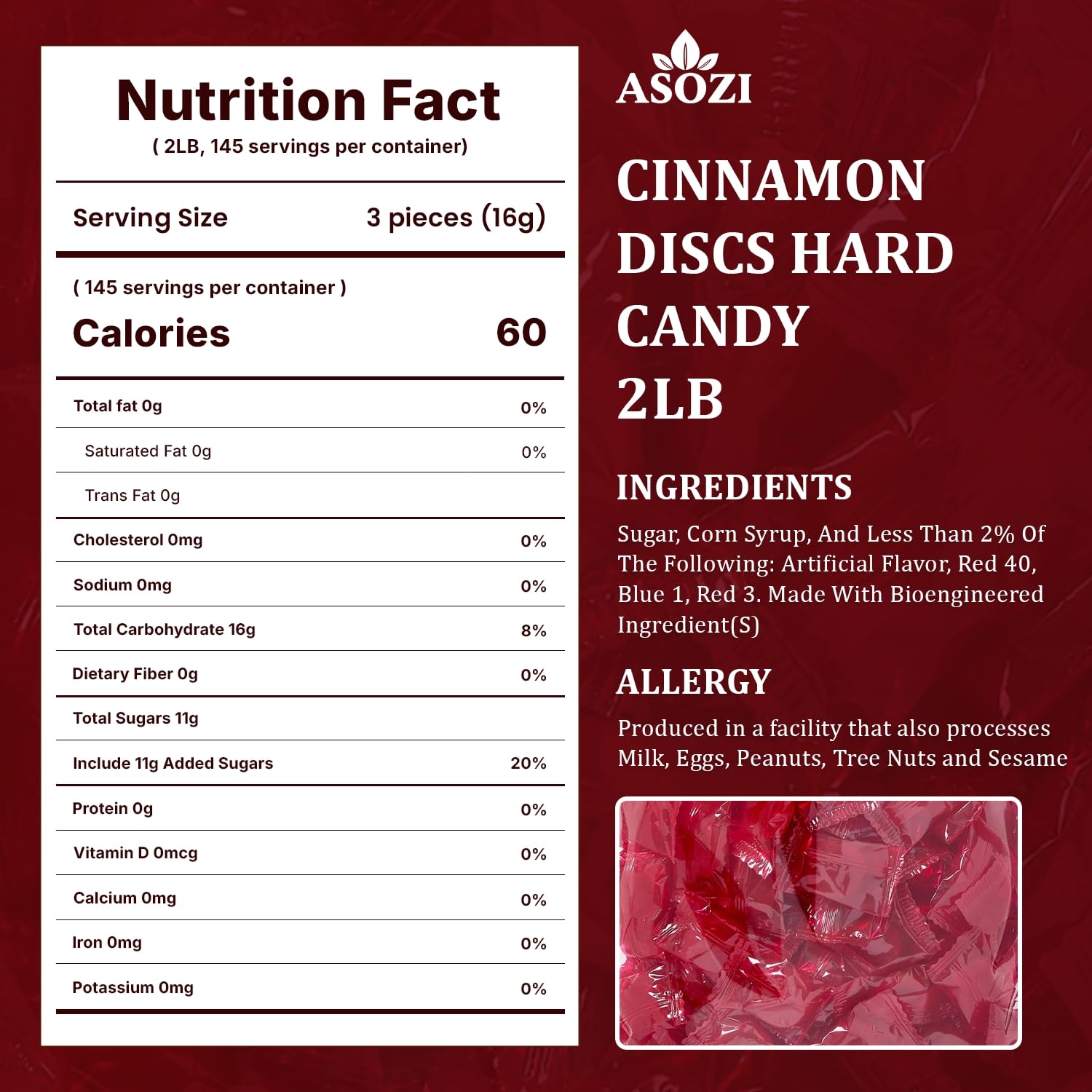 Cinnamon Discs Hard Candy 2 lb - Individually Wrapped Cinnamon Candy Old Fashioned Holiday Suckers - Spicy and Sweet Flavor - Perfect for Valentine's Day and Tasty Treats on the Go by ASOZI