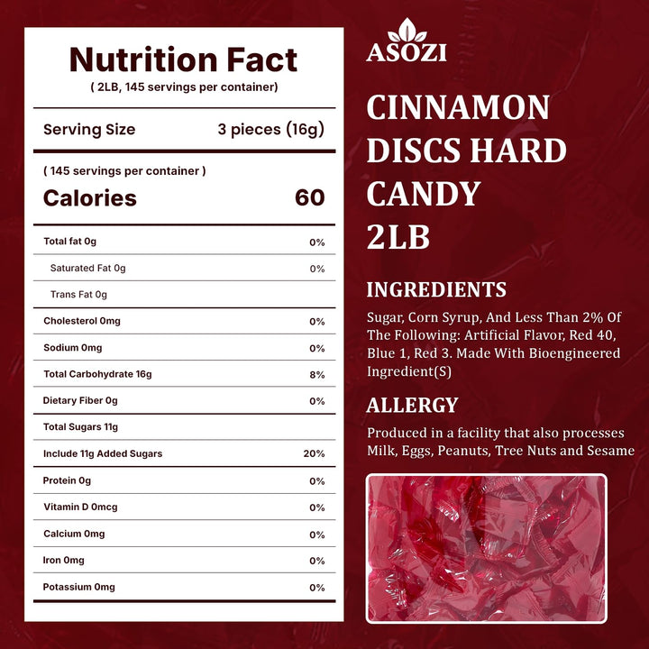 Cinnamon Discs Hard Candy 2 lb - Individually Wrapped Cinnamon Candy Old Fashioned Holiday Suckers - Spicy and Sweet Flavor - Perfect for Valentine's Day and Tasty Treats on the Go by ASOZI