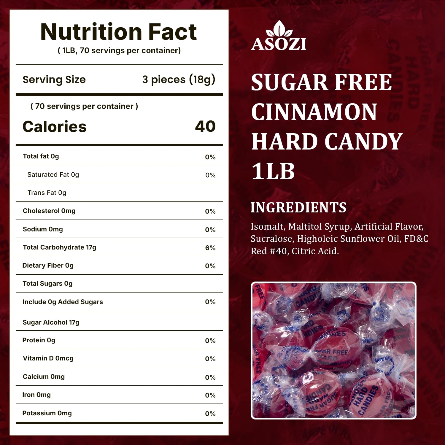 ASOZI Arcor Sugar Free Cinnamon Hard Candy- 1lb Bulk Sugar Free Hard Candy, Cinnamon Discs Individually Wrapped Keto And Diabetic Friendly, for Parties & Holidays