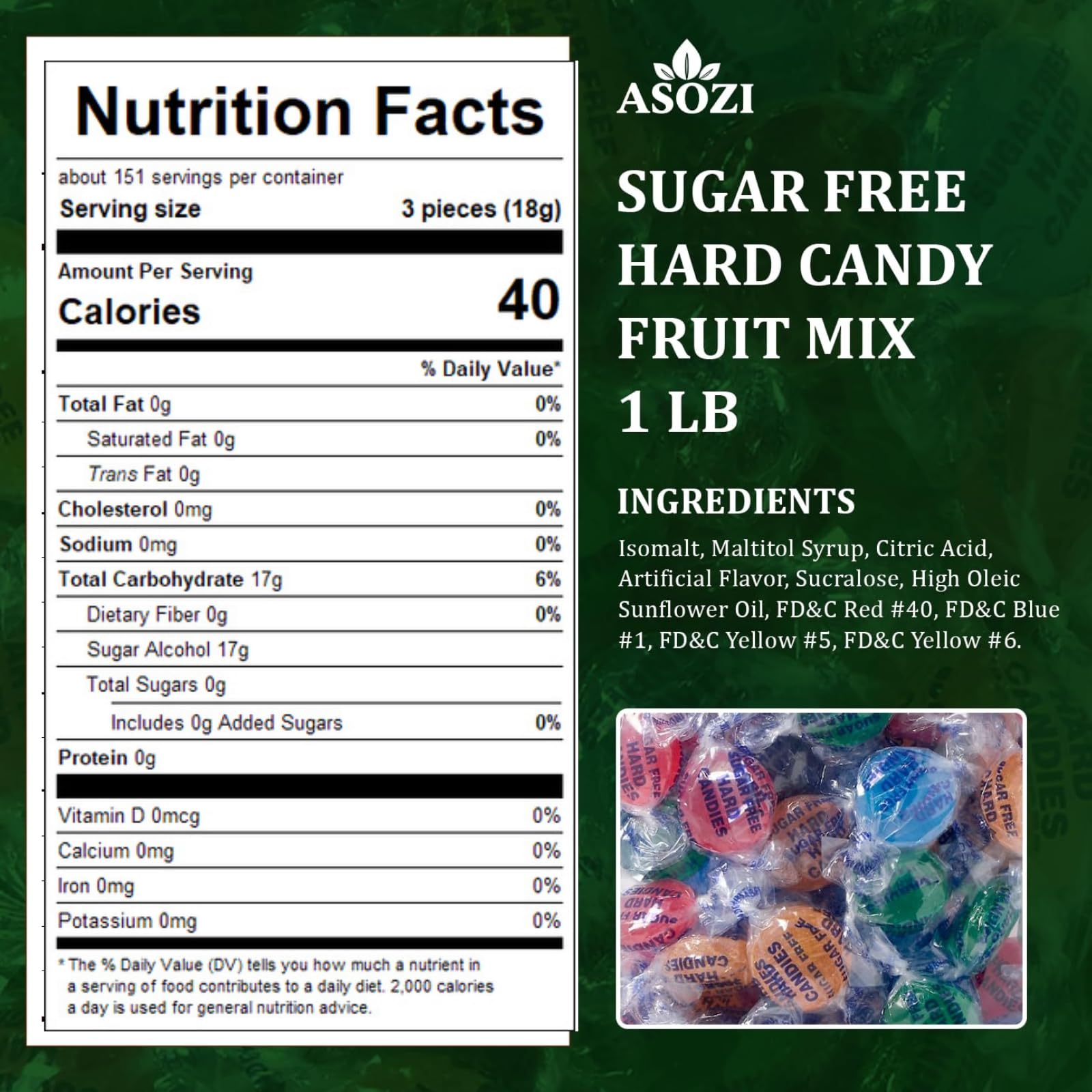 Sugar Free Hard Candy Fruit Mix 1LB - Zero Sugar Candy, Individually Wrapped - Ideal for Low-Sugar Diets - Perfect Candy for Goodie Bags, Parties, Holiday Treats, Diabetic-Friendly, Low-Sugar Snack by ASOZI