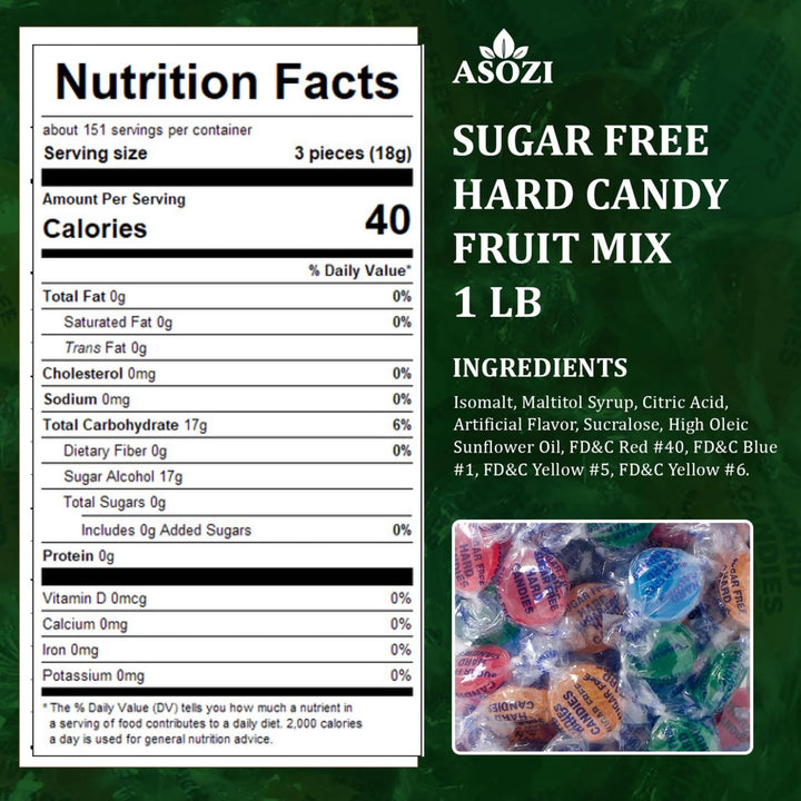 Sugar Free Hard Candy Fruit Mix 1LB - Zero Sugar Candy, Individually Wrapped - Ideal for Low-Sugar Diets - Perfect Candy for Goodie Bags, Parties, Holiday Treats, Diabetic-Friendly, Low-Sugar Snack by ASOZI