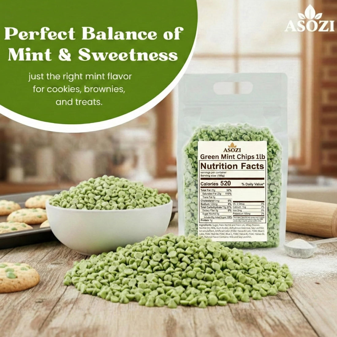 Green Mint Baking Chips - Small Drops for Baking and Candy - 4,000 Drops/Lb Mint Chocolate Chips
