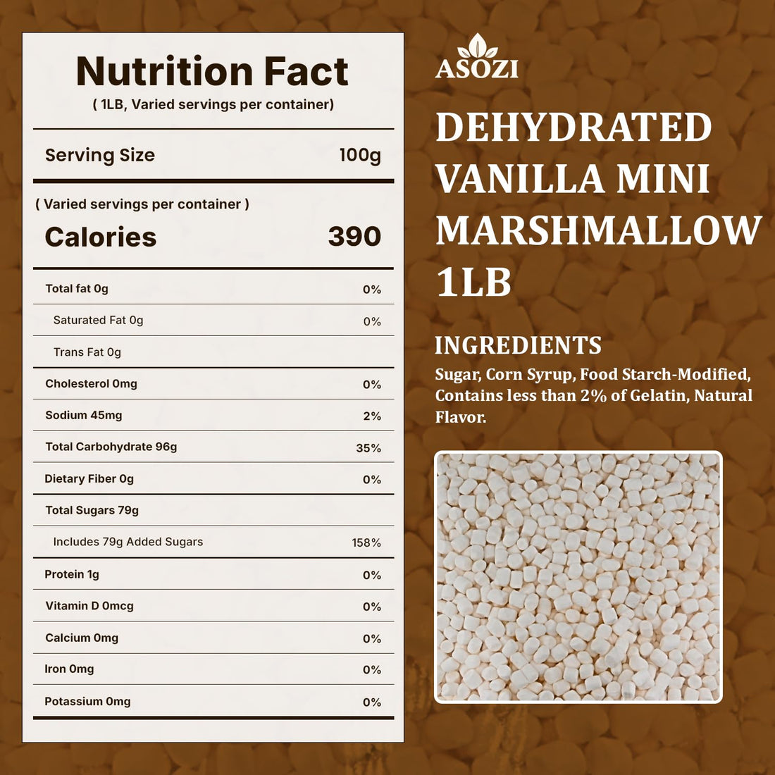 Mini Marshmallows for Hot Chocolate - Vanilla Flavored Dehydrated Marshmallow Bits 1Pound in Reusable Bag - Dried Mini Mallows - Perfect Topping for Cereal and Baked Treats by ASOZI